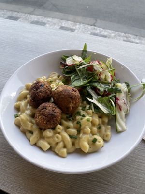 Macnocheese with tempeh balls and a side salad (huge portion and delicious!)  at Veggie Garden in Prague