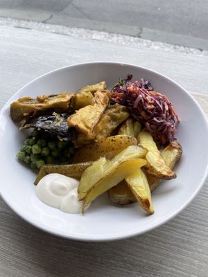 Daily menu - nofish and chips, side coleslaw  at Veggie Garden in Prague