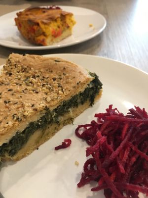 Spinach quiche and pizza quiche all vegan  at Veggie Garden in Prague