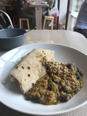 dal with chapati and sezame chutney and cucumber salad at Veggie Garden in Prague