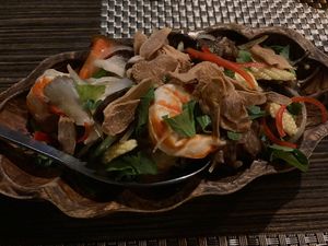 Ginger stir fried Mock meat shrimp made from taro  at Rice Paddy in Koh Yao Noi