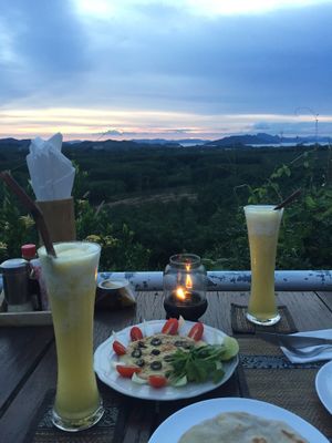 Incredible view. Starter: hummus with pita and pineapple shakes at Rice Paddy in Koh Yao Noi