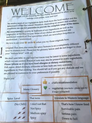 Menu at Rice Paddy in Koh Yao Noi