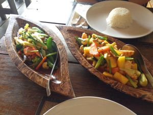 Pad Pak Raum & Vegan Sweet & Sour Seafood with faux prawns at Rice Paddy in Koh Yao Noi
