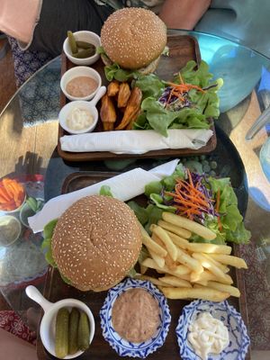 Beyond Burger with sweet potato fries and French fries  at Chaba Cafe and Gallery in Koh Yao Noi