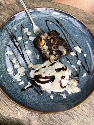 Vegan Brownie and homemade coconut ice cream   at Chaba Cafe and Gallery in Koh Yao Noi
