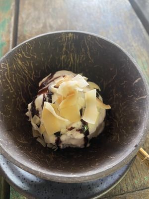 Coconut ice cream with vegan Hershey’s chocolate sauce  at Chaba Cafe and Gallery in Koh Yao Noi