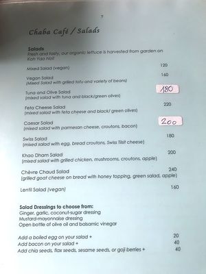 Menu at Chaba Cafe and Gallery in Koh Yao Noi