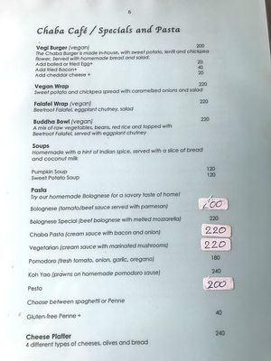 Menu at Chaba Cafe and Gallery in Koh Yao Noi