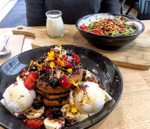 Buckwheat pancakes, and granola at Urban Projuice in Albert Park
