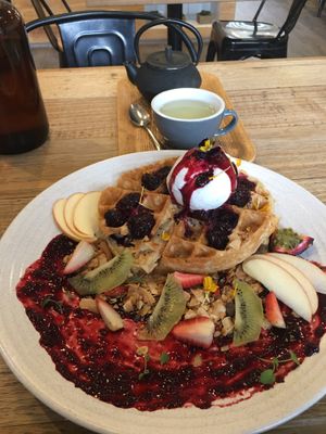 The special of the day, Waffles and fruit.  at Urban Projuice in Albert Park