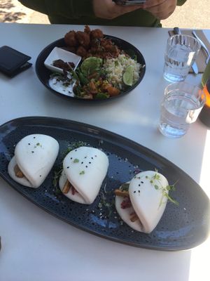 Bao trio and burrito bowl at Urban Projuice in Albert Park