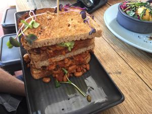 Vegan toasted sandwich with beans and cheese at Urban Projuice in Albert Park