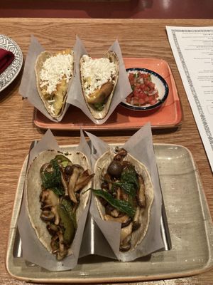 Vegan Hongos tacos (bottom) and vegetarian potato tacos (top)  at China Poblano in Las Vegas