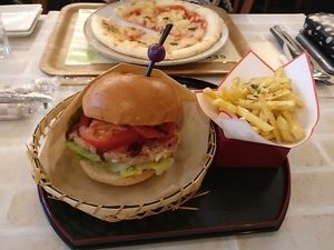Burger, chips and pizza (balanced meal, eh!)  at Sekai Cafe - Asakusa in Tokyo