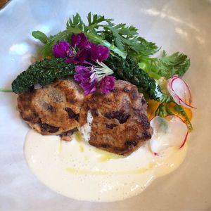 Veggie patty with soy milk sauce  at Sekai Cafe - Asakusa in Tokyo