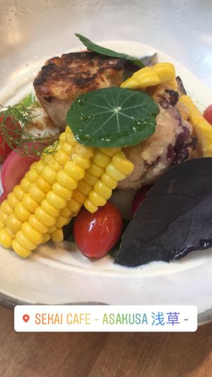 Veggie patty with so milk sauce at Sekai Cafe - Asakusa in Tokyo