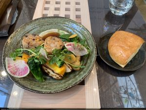 Vegan bean patty in a Japanese sauce with vegan homemade bread at Sekai Cafe - Asakusa in Tokyo