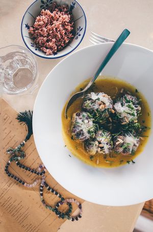 Vegetable dumplings in pumpkin puree  at Ashley's by LivingFood in Kuala Lumpur