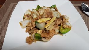 Fried 'chicken' with black pepper sauce at Veggie Homemade Aurra Ammie in Pak Chong