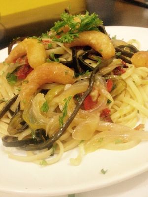 SPAGHETTI WITH VEGAN SHRIMP at Amaluna Restaurant & Lab in Punta Cana