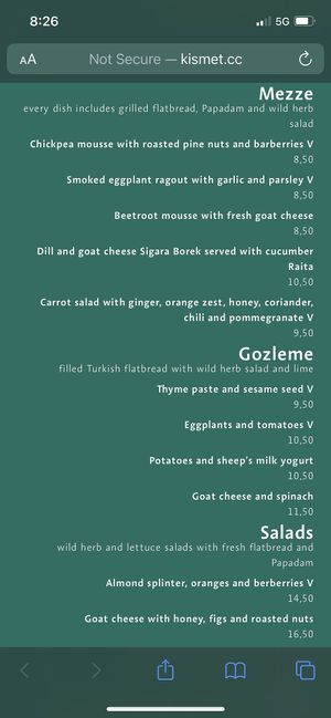 Menu   at Kismet in Munich