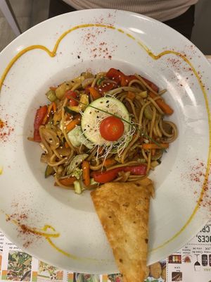 Seitan and veggie pasta (delicious!)  at Yerbabuena - Bordadores in Madrid