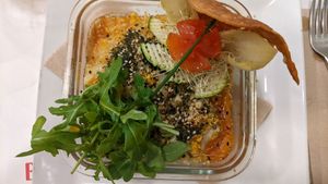 Eggplant moussaka with soy Bolognese sauce at Yerbabuena - Bordadores in Madrid