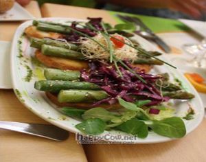 A starter we ordered. Gazpacho on toasted bread under heaps of asparagus, red cabbage, sprouts, and watercress.  Divine! at Yerbabuena - Bordadores in Madrid