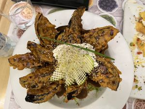 Eggplant tempura with maple syrup  at Yerbabuena - Bordadores in Madrid
