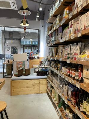 In the store - view looking out and selection of grocery items at Spicebox Organics - Caine Rd in Hong Kong Island