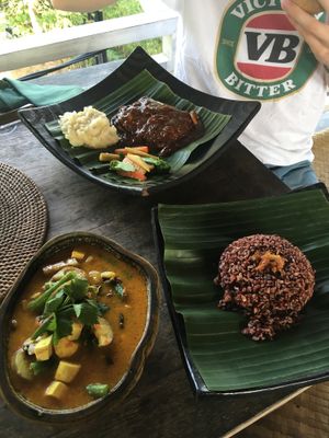 red curry with red rice and the vegan ‘steak’ at AA Juicery Cafe in Ubud
