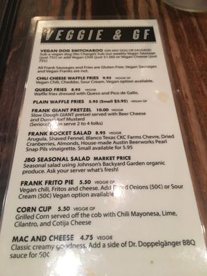 Veggie menu  at Frank in Austin