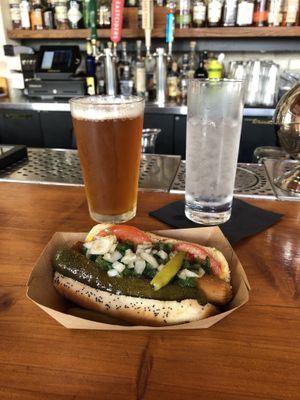Vegan Chicago Dog and a 512 IPA at Frank in Austin