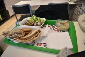 Arabic bread, falafel balls, salad, humus +2 drinks was 32 lei at Super Falafel - Balcescu in Bucharest