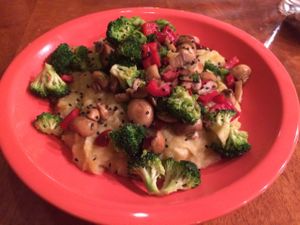mushrooms, broccoli, red peppers on mashed potatoes.  at Siembra in Lima