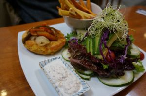 Burger on the plate (Vegan) at Siembra in Lima