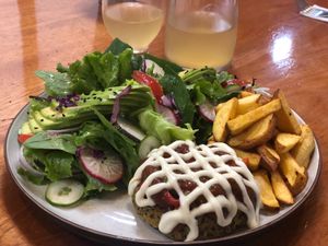 Quinoa party with salad and fries in coconut oil. at Siembra in Lima