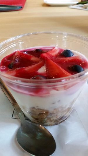 tofu cream and fruit dessert at Lost Weekend in Munich