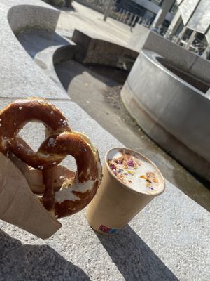 Buttered pretzel and chai tea latte  at Lost Weekend in Munich