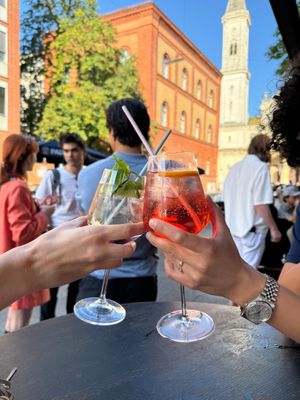 Our Elderflower & Mint spritz, and a classic Campari spritz at Lost Weekend in Munich