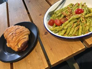 Chocolate Croissant& Pasta with pesto  at Lost Weekend in Munich