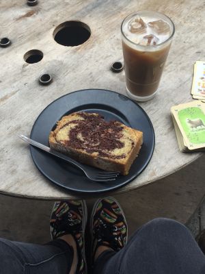 Cake and iced Latte with rice-coconut milk  at Lost Weekend in Munich