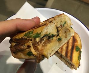 Vegan cheese & soy meat sandwich  at Lost Weekend in Munich