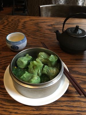 Veggie shu mai and Greetings jasmine tea  at LuAnne's Wild Ginger in New York City