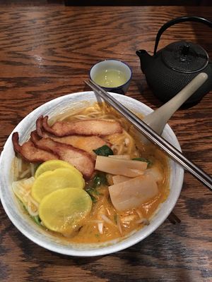 Red Curry Ramen: Baby bok choy, Pickled Daikon, Bean Sprouts, Bamboo Shoots... at LuAnne's Wild Ginger in New York City