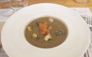 Crema d'albergínia i gelat de pebrot at La Barricona in Ripoll
