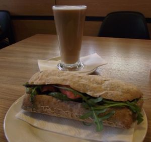 Vegan sandwich and cafe latte - vegan at Green Deli Cafe - Rakovski in Sofia