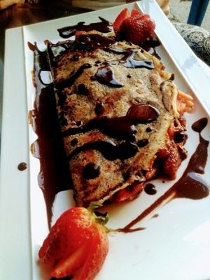 awesome vegan fruit chocolate pancake, made vegan juat for us:) at Namaste Restaurant in Guatape