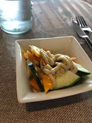 Cucumber, babganoush appetizer  at Namaste Restaurant in Guatape